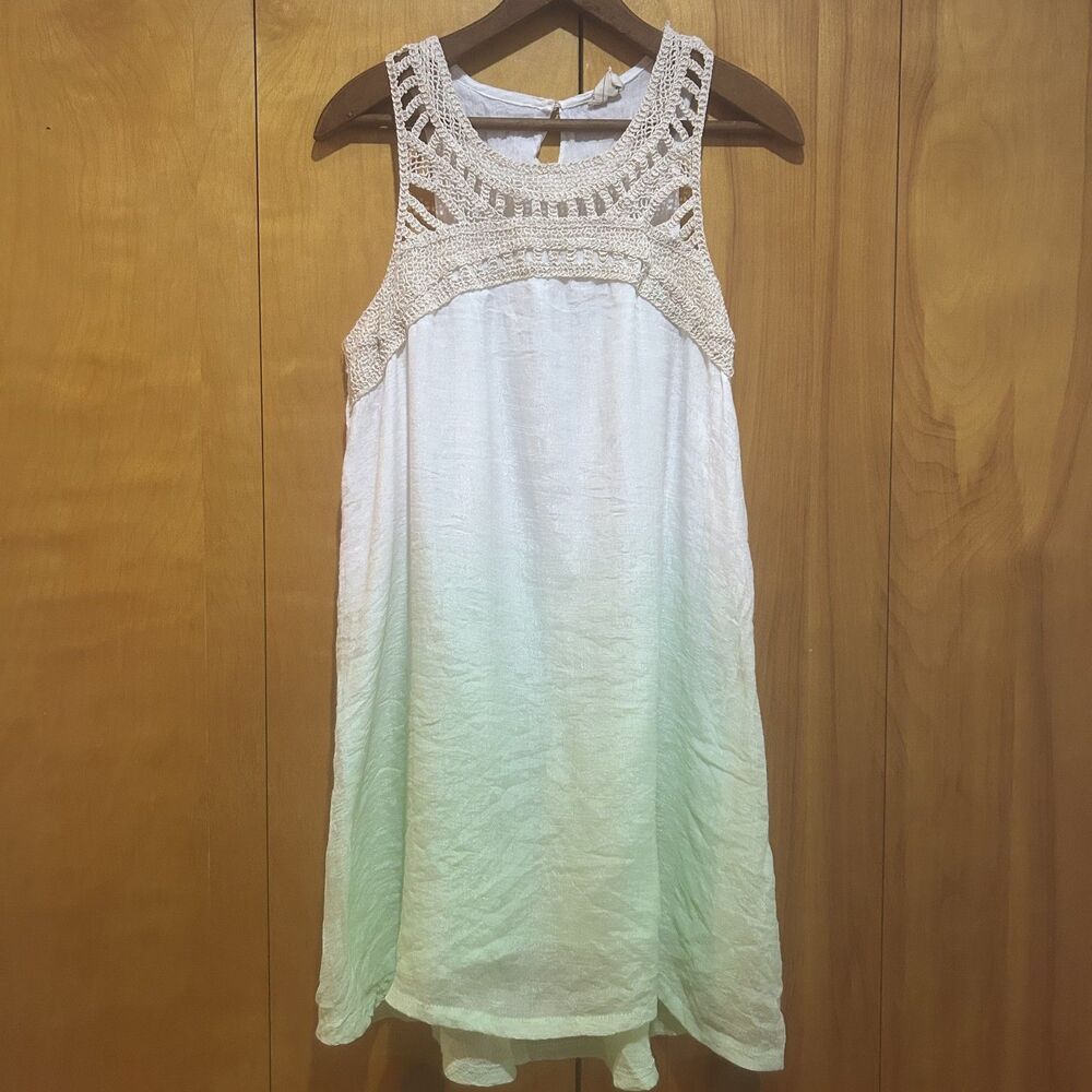 Sand & Spirit Coverup Dress-Ombre White & Green-Crochet Neckline-Sz L-Beach-Boho